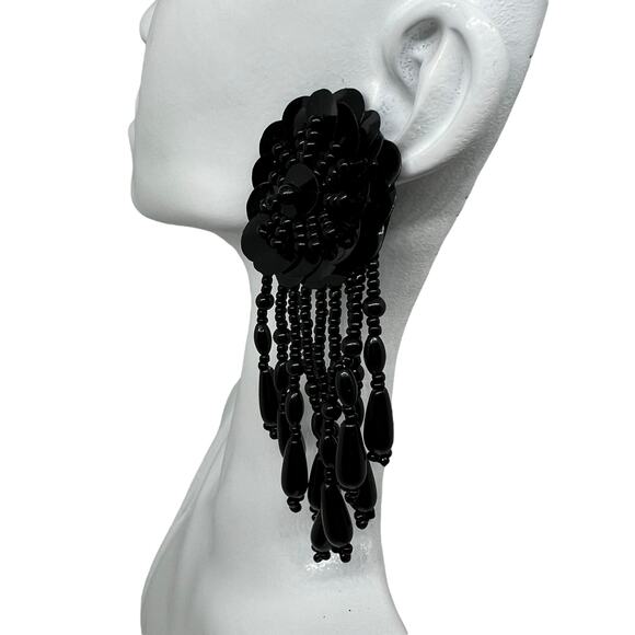 Dramatic Black Flower Sequin Beaded Fringe Statement Earring - Gothic Glamour - Picture 5 of 8
